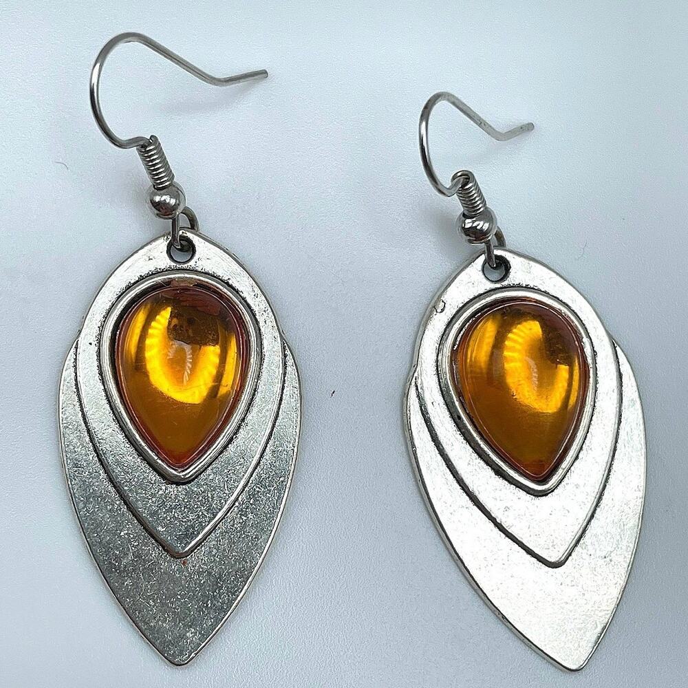 Vintage 90s Silver Tone Amber Teardrop Dangle Earrings Boho Fashion Jewelry Boho
